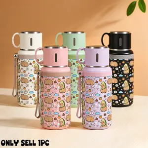 1PC, 20oz Insulated Stainless Steel Water Bottle, Vacuum Flask with Cup Lid That Doubles as Handle Cup, Double Wall Insulated Travel Mug, Portable for Camping, Hiking, School & Office, Cute Capybara Pattern, Ideal