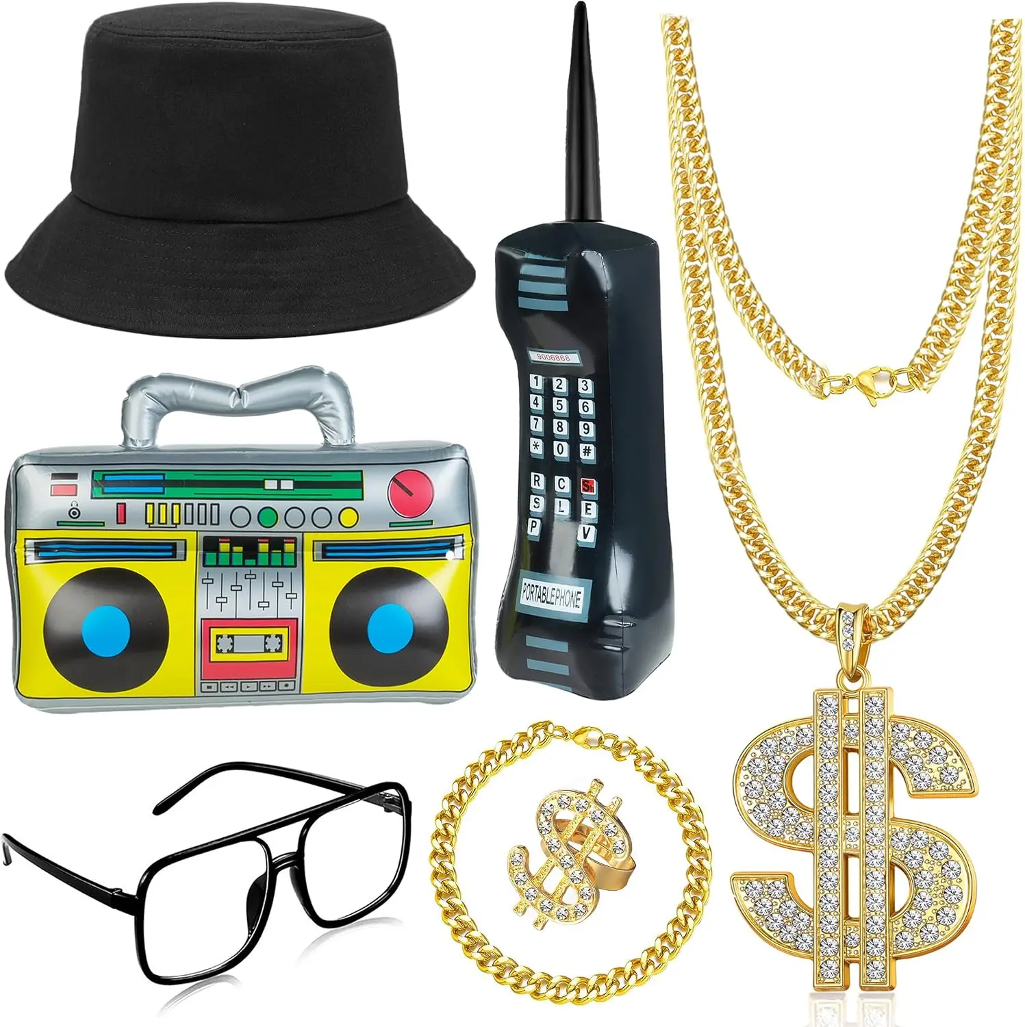 80s 90s Hip Hop Costume Outfit Kit Mobile Phone Inflatable Radio Box Necklace Bracelet Ring Glasses Hat Rapper Costumes Accessories SetGift.