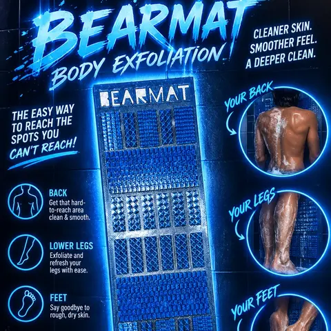 Bearmat Back&Body scrubber with a non-slip twist. Platinum cured medical grade silicone. Pressure massage therapy for bath and shower. Powerful Cleaning, Personal soap enhancing Tool that suctions to the shower Wall