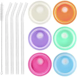 6 Pack  Lids and Glass Straws with Straw Brush Fit for 16oz Glass Iced Coffee Cups, Replacement Lids for Can Shaped Cute Glass Tumbler Drinking Jars