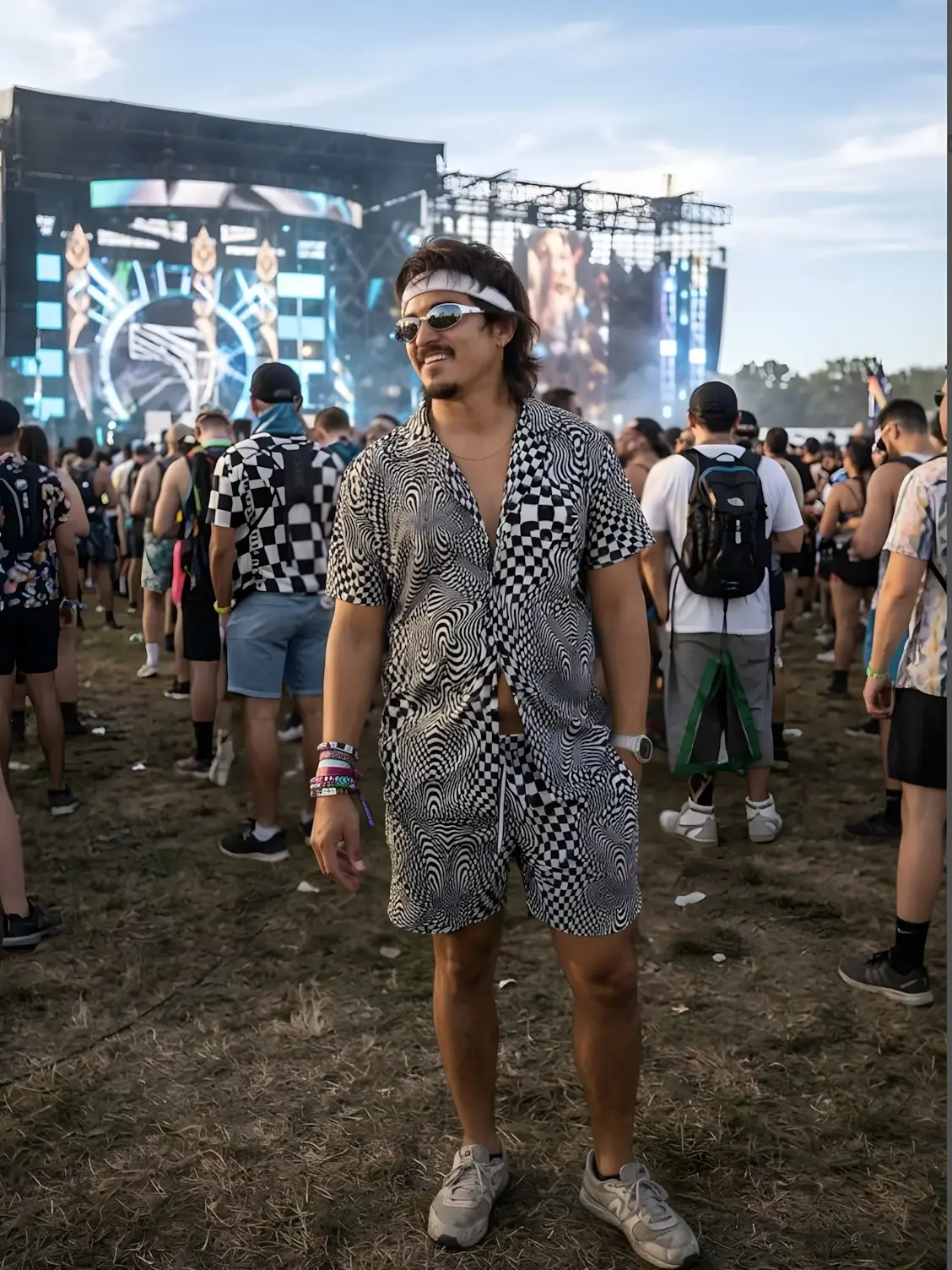 Optical Illusion Matching Set Men – Op Art Festival Shirt & Shorts 2 Piece, Trippy Psychedelic Rave Outfit, Black & White Button Down Co-ord