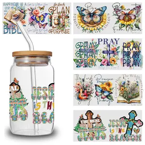 5 Sheets Prayer Prints UV  Stickers Glass DIY Water Bottle Glass Peonies Home Religious Ornaments film    dtf heat Waterproof Transfer transfer sticker Bear Iron-On Wrap Cup