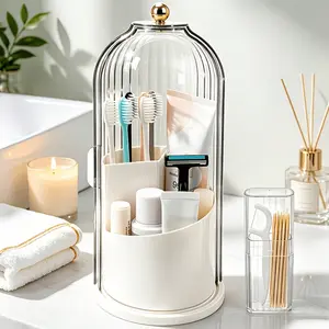 360° Rotating Toothbrush Holder With Dustproof Lid, 3 Slots Bathroom Countertop Organizer, Clear Birdcage Makeup Brush Holder, Vanity Storage Organizer For Toothpaste Razor Cosmetics, Freestanding Bathroom Accessories For Vanity Dorm Apartment, White/Grey
