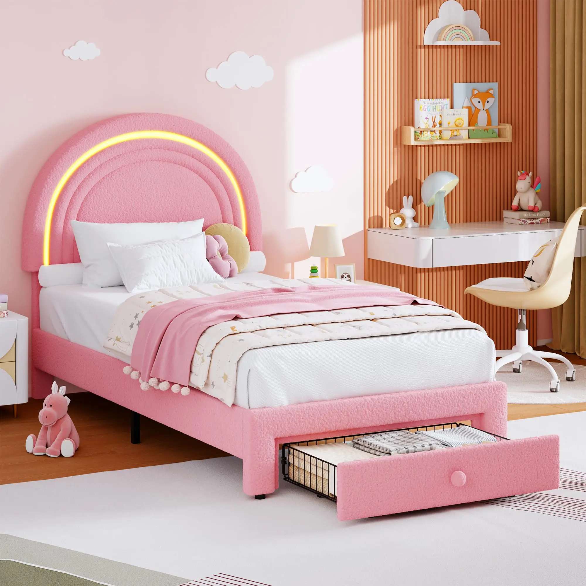 Garvee Twin Upholstered LED Bed Frame with Rainbow Headboard, Storage Drawer, Solid Wood Slat Support, No Box Spring Needed, Multiple Colors, Easy Assembly, Ideal for Youth