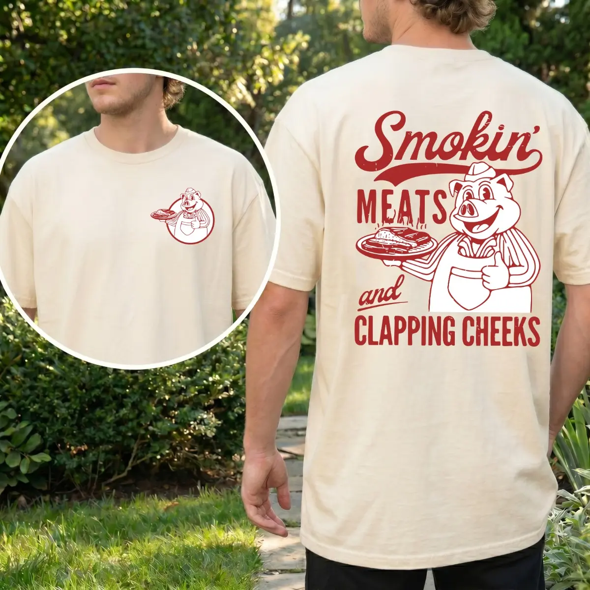 Comfort Colors Smokin' Meats and Clapping Cheeks T-Shirt, Funny BBQ Graphic Tee, Backyard Grilling Shirt, Vintage Cookout Humor Tee for Men, Casual Unisex Apparel