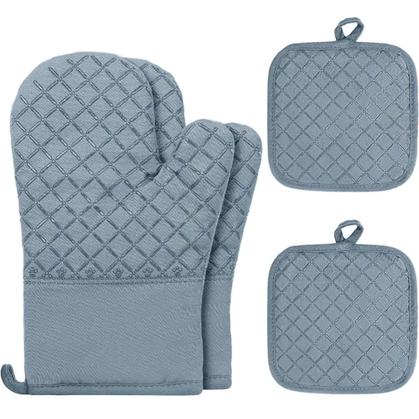 SUGARDAY Silicone Pot Holders and Oven Mitts Set 4 Pieces, 500F Heat Resistant Non-Slip Kitchen Gloves with Cotton Lining, Machine Washable Hot Pads with Hanging Loops, Black Blue or Grey