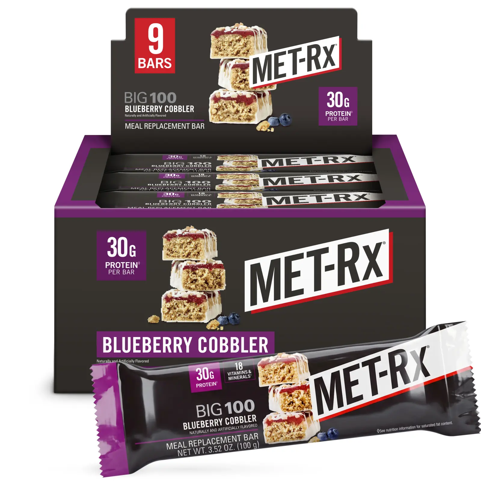 MET-Rx Big 100 Blueberry Cobbler Protein Bars | 30g Protein | 9 Bars | Meal Replacement | METAMYOSYN Blend MET-Rx Big 100 Blueberry Cobbler Protein Bars | 30g Protein | 9 Bars | Meal Replacement | METAMYOSYN Blend