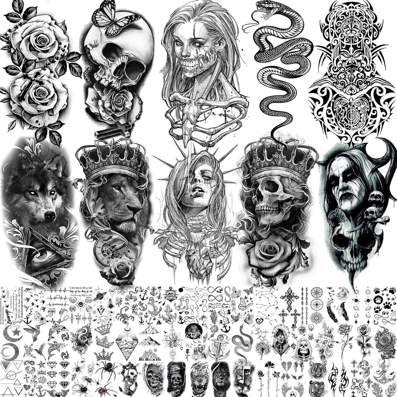 62 Sheets Large Wolf Lion Skeleton Temporary Tattoos For Men Women Arm, 3D Temp Bulk Halloween Accessory Realistic Tattoo Sticker For Adults Neck, Scary Skull Zombie Vampire Fake Tattoos Cobra Snake