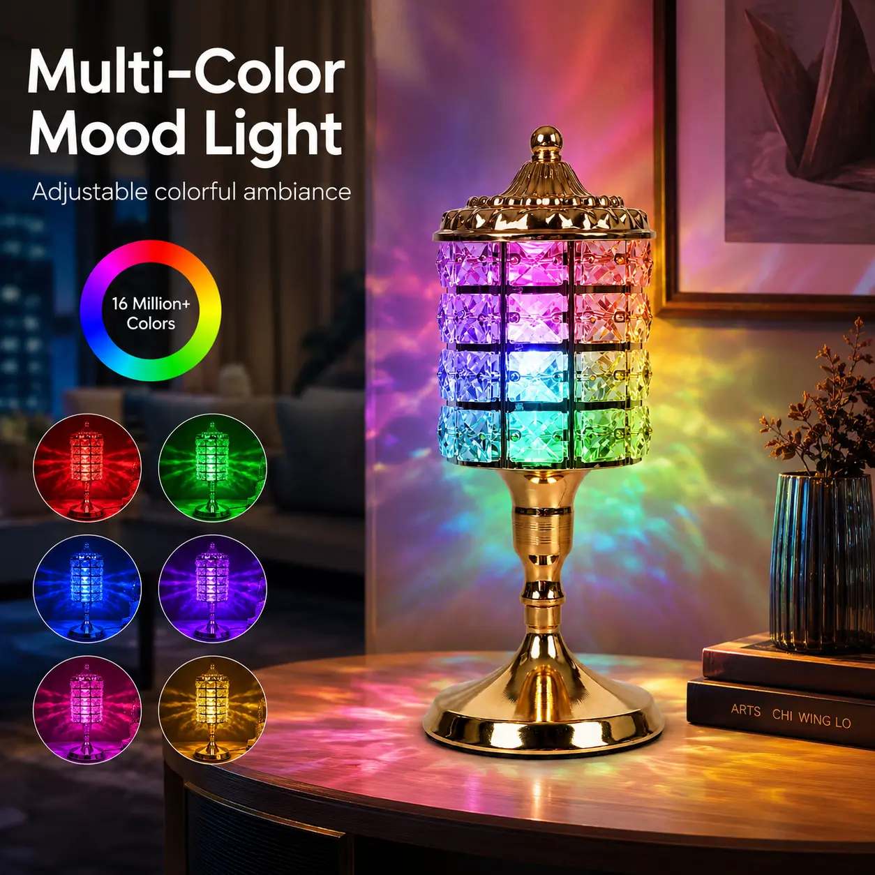 RGB Color Changing Crystal Table Lamp, Aesthetic Mood Lamp with Multi-Color Flowing Light, Ambient Lighting for Bedroom, Bedside, Vanity & Desk, Decorative Table Light, Lights for Room, Living Room & Party Decor, Gift for Women