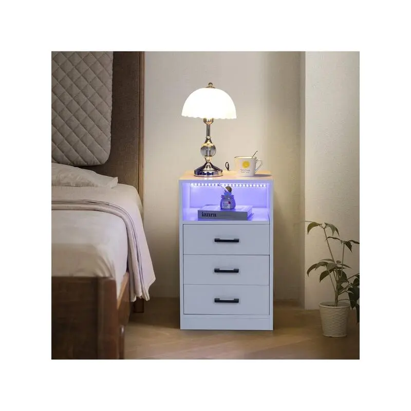 outstanding quality  ITopRoad Particleboard Pasted Triamine Three Drawers Socket With LED Light Bedside Table White