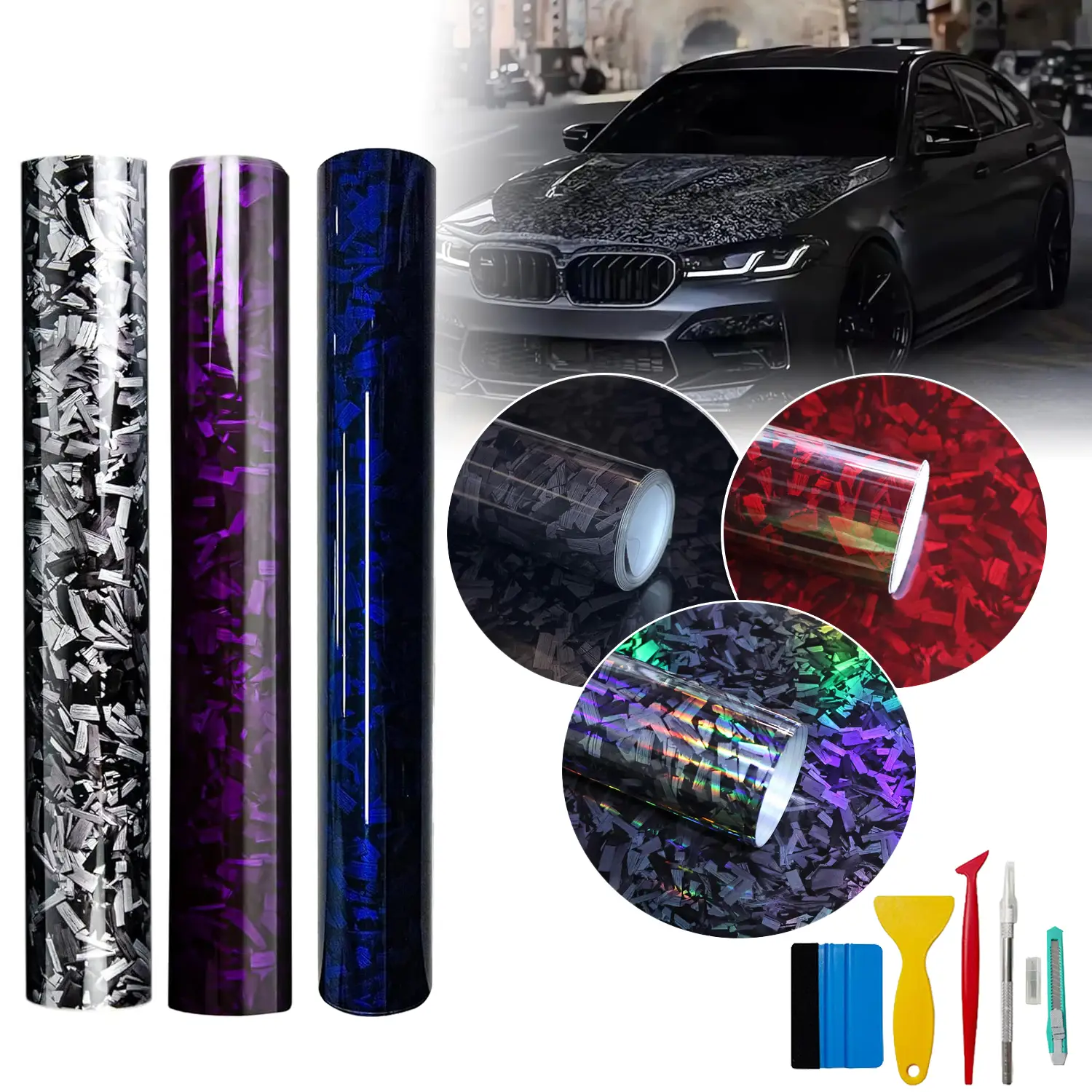 Forged Carbon Fiber Vinyl Wrap, High Gloss Car Wrap Vinyl Roll, Auto DIY Decal Film Sheet with Air Release Technology, Self-Adhesive Car Wrapping 1ft