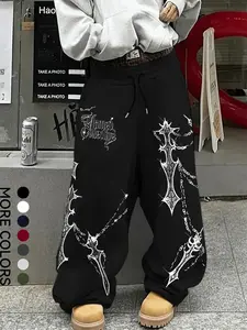 Red Baggy Y2K Sweatpants with Gothic Cross Print - Oversized Streetwear Joggers for Men & Women, Hip Hop Aesthetic Wide Leg Pants for Urban Street Style