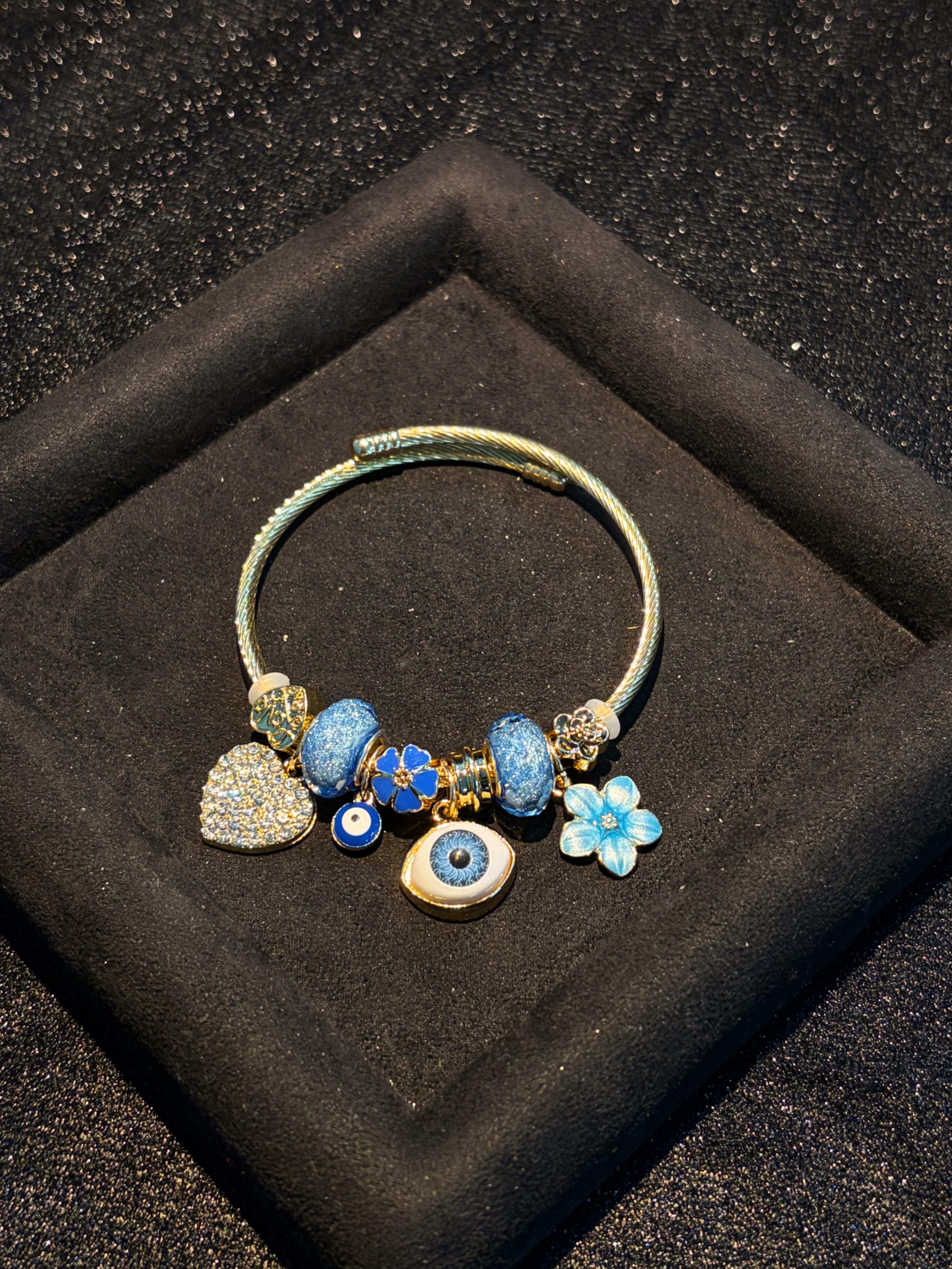 Women's Evil Eye Gold-Tone Open Cuff Bangle, Heart Flower Stackable Costume Jewelry Women's Evil Eye Gold-Tone Open Cuff Bangle, Heart Flower Stackable Costume Jewelry