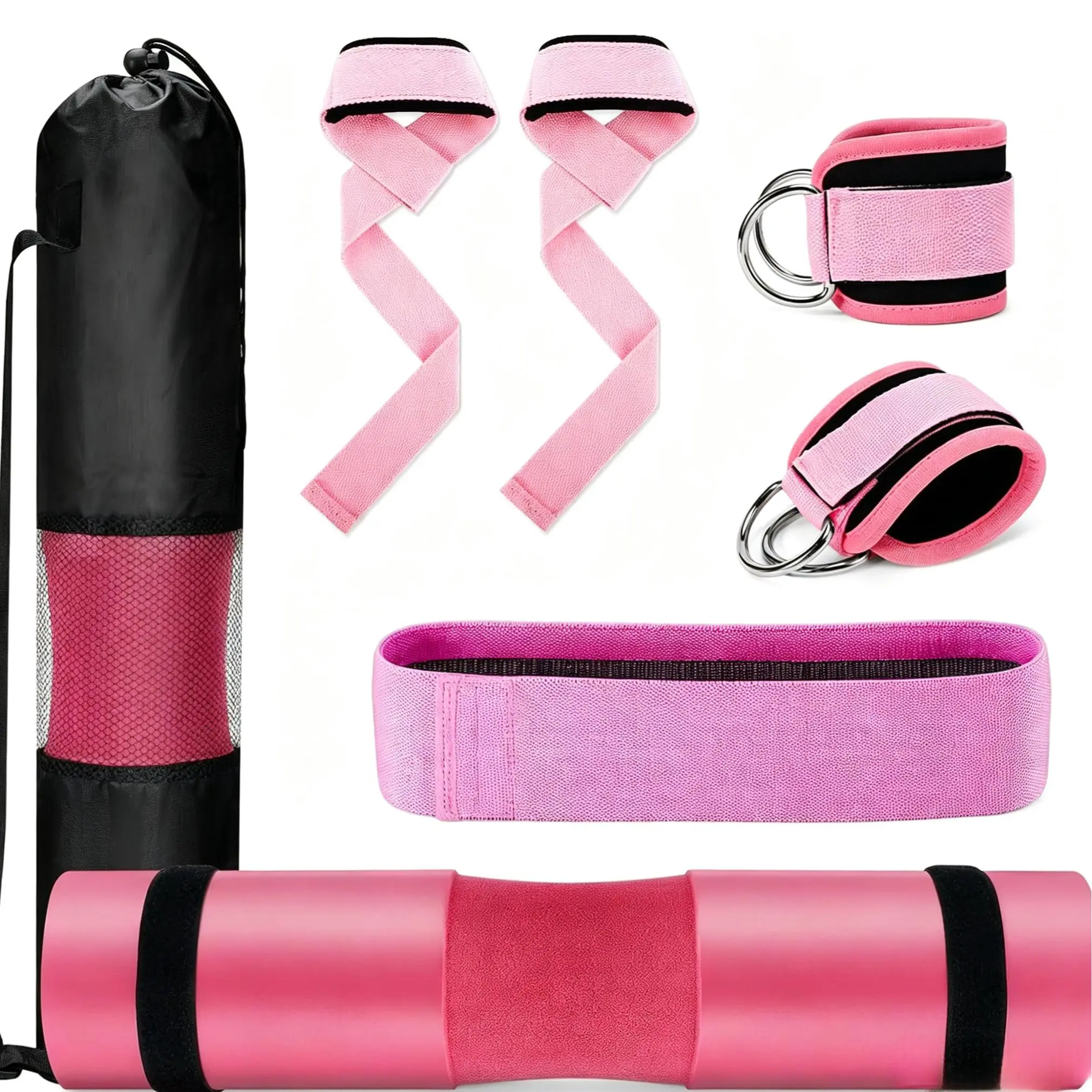 Gym Barbell Shoulder & Neck Foam Pad Workout Accessory Set - Weight Lifting Cushion, Resistance Bands, Ankle Straps