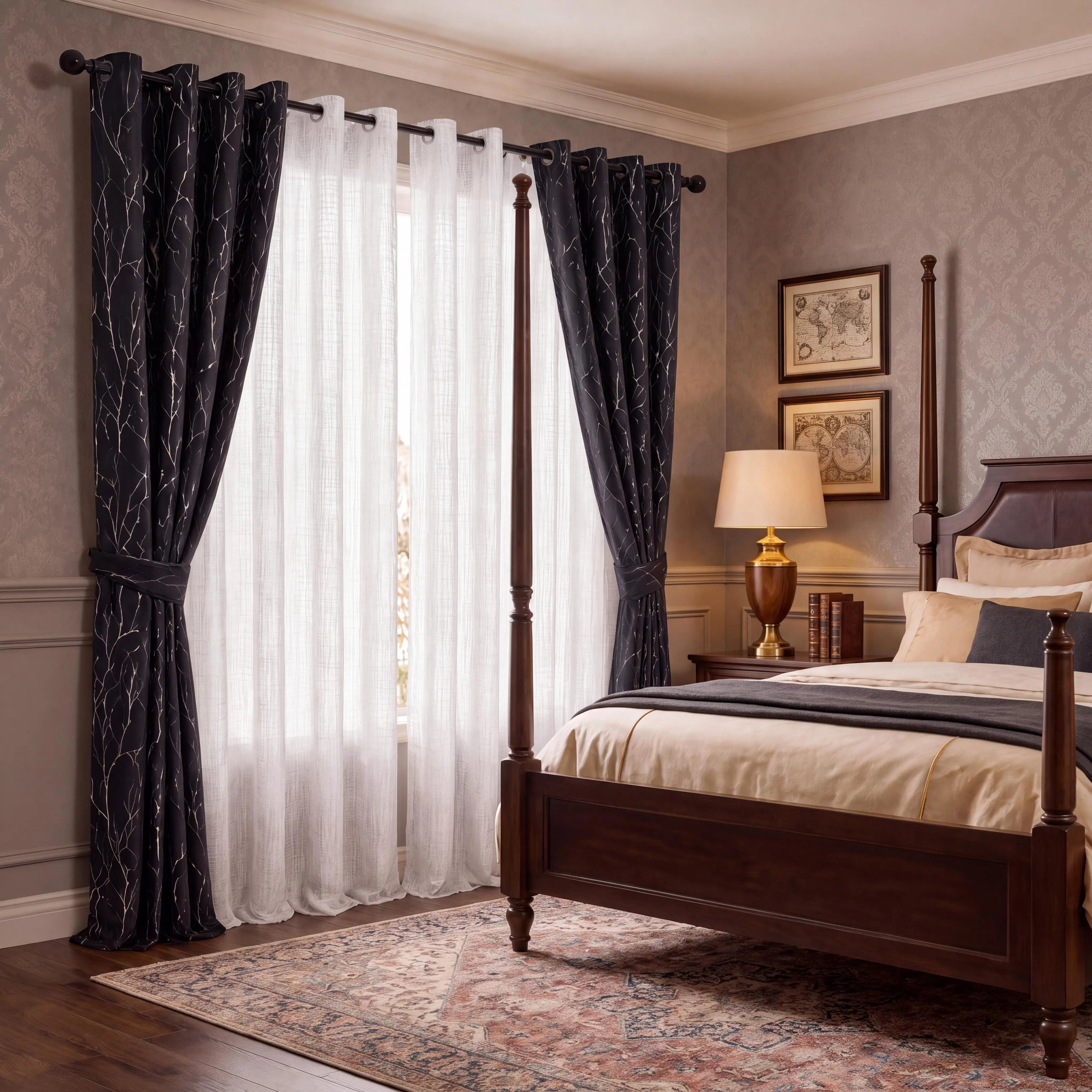 Blackout Sheer Curtains Combo 4 Panels Set, 2 Metallic Foil Tree Branch Blackout Panels & 2 Bamboo Sheer Curtains 52x63 84 95 Inch, Thermal Insulated Noise Reducing Room Darkening Grommet Window Drapes for Bedroom Living Room QF900 L12