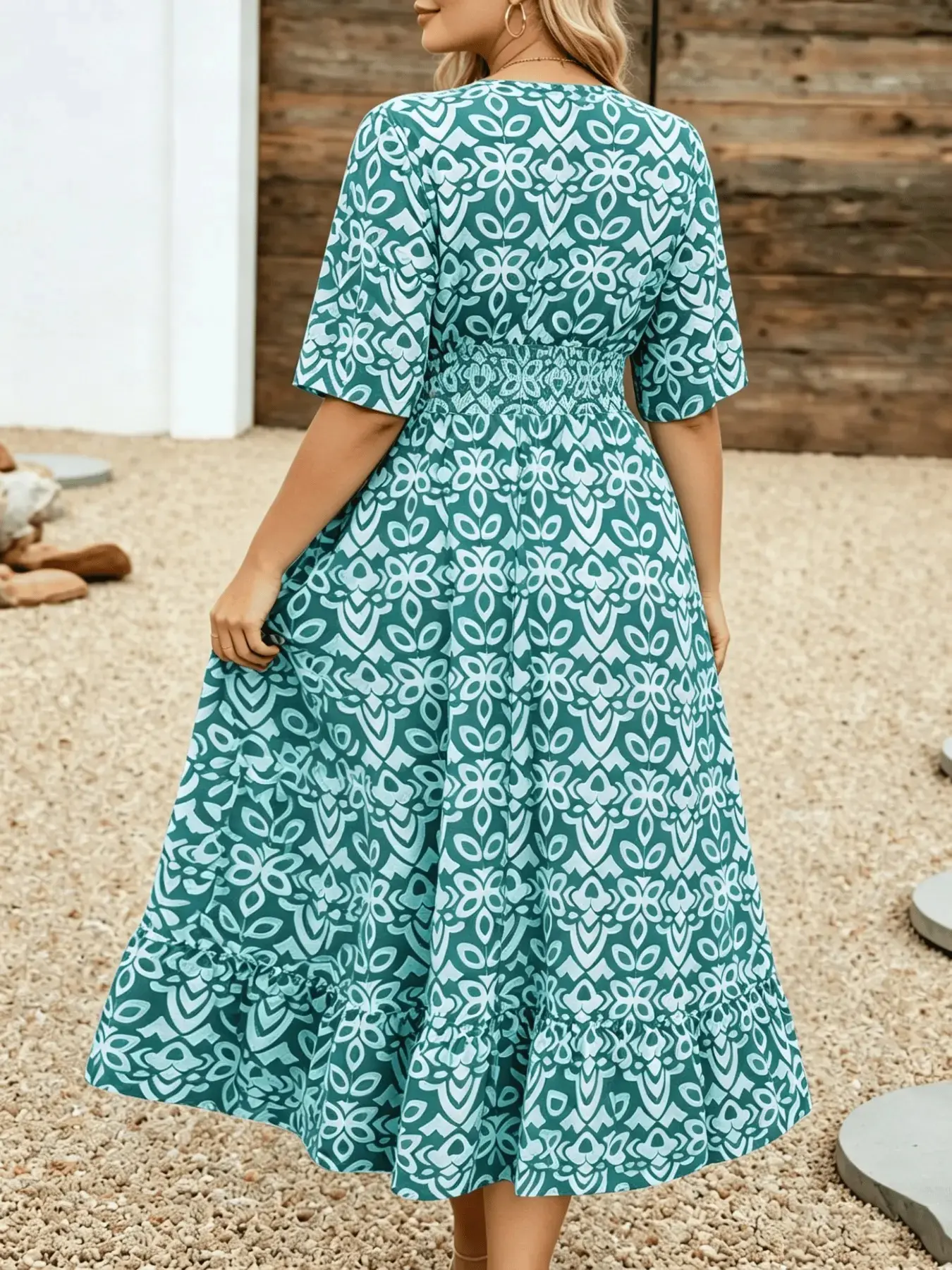 Plus Size Geometric Print Midi Dress, Womenswear, Casual Wear, Half Sleeve, V Neck, Smocked Waist, Tiered Ruffle Hem, Curvy Vacation Wear, Summer, Tummy Control, Casual Chic Ruffle