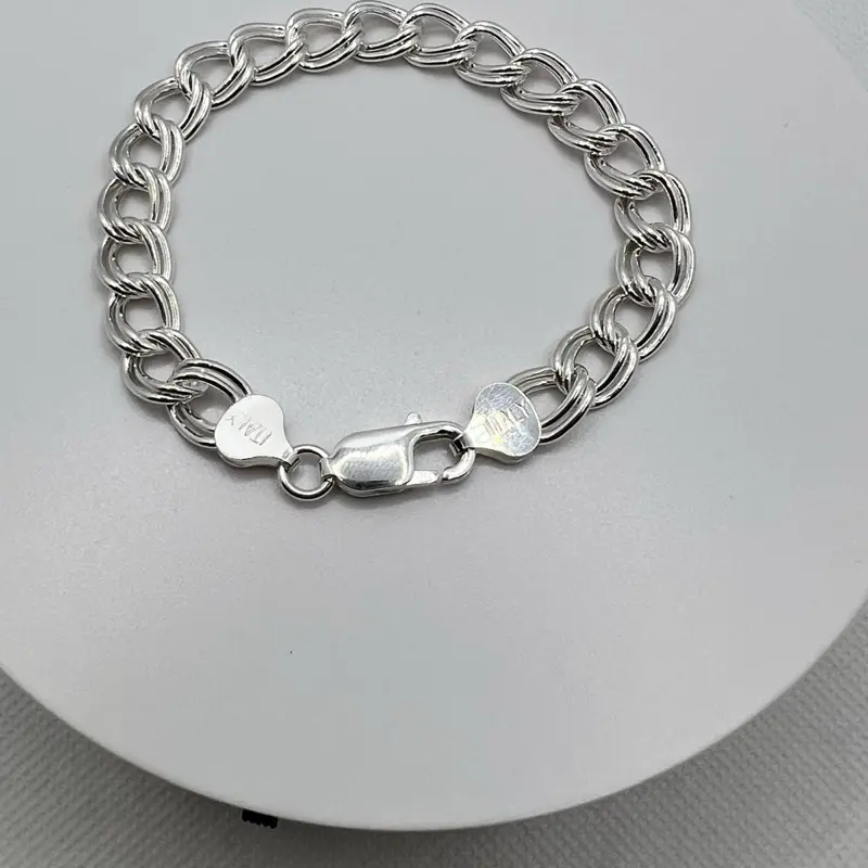 925 Sterling Silver Double-Link Charm Bracelet - Italian Classic Design, available in 7 inches large, weight 14 grams, wide 8.3 mm