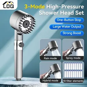 Shower head featuring a 18-level filtration system, 3+1 spray modes, high-pressure function, 1.5 m long flexible hose, handheld massage feature, one-touch shut-off, water-saving design, modern bathroom style