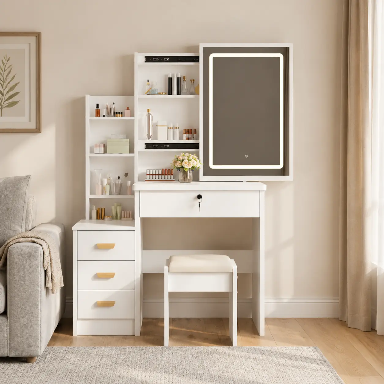 White LED Vanity Makeup Set with 3 Color Dimmable Light Mirror, Multi-Layer Open Storage Shelves, Lockable Privacy Drawers, Silent Smooth Slide Rails, Matching Cushioned Stool