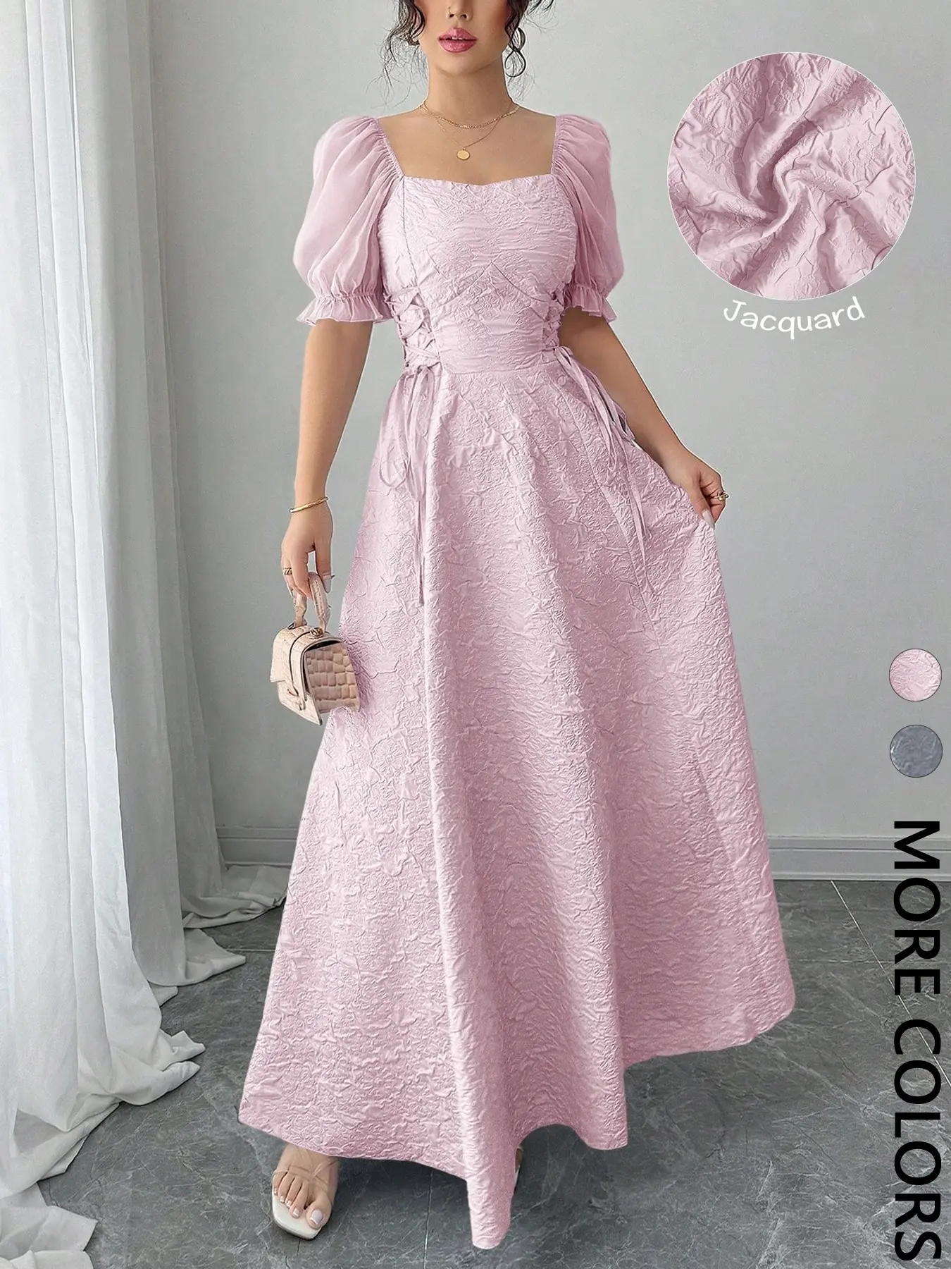 Women's Elegant Square Neck Bubble Sleeve Long Evening Party Dress, Side Tie Pleated Embroidered Formal Wear Gown, Plain Pattern, Womenswear