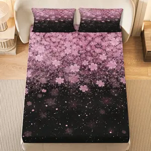3Pcs Cherry Blossom Night Sky Fitted Sheet Three Piece Set (1*Fitted Sheet+2*Pillowcases, Coreless), Seasonal theme, Floral Bedding Set, Mattress Protector Soft, Breathable