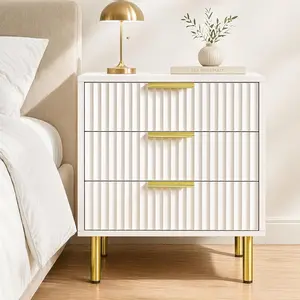 White and Gold Nightstand, 24" Tall Mid Century Modern Fluted Bedside Table, 3 Drawer Small Dresser, Ribbed Accent End Table with Metal Legs
