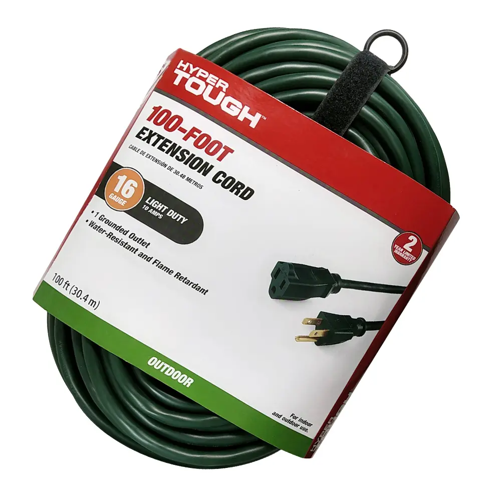 Hyper Tough 100FT 16AWG 3 Prong Green Outdoor Extension Cord, Single Outlet, 125V 10A Hyper Tough 100FT 16AWG 3 Prong Green Outdoor Extension Cord, Single Outlet, 125V 10A