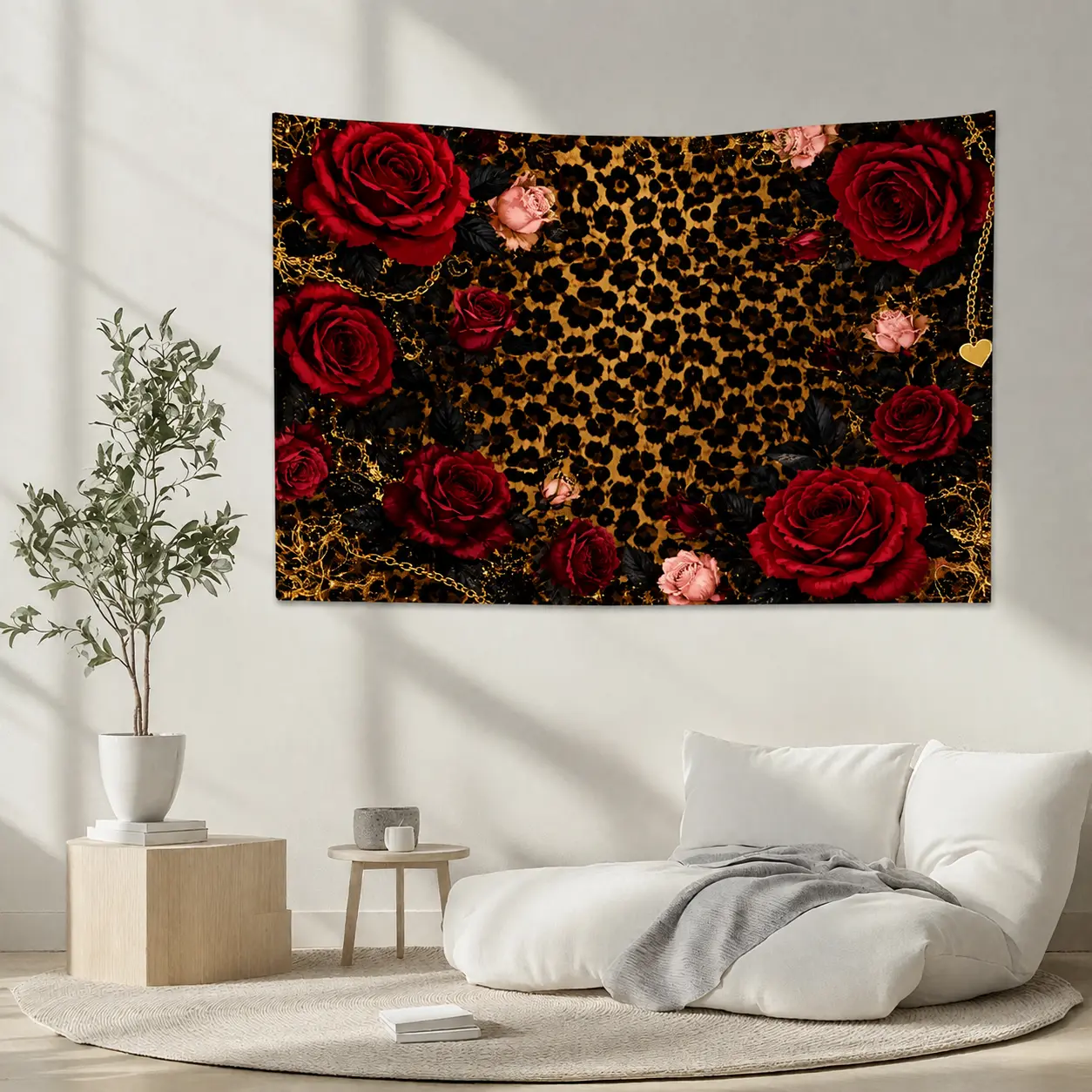 Vintage Leopard Print Rose Wall Tapestry, Floral Animal Print Wall Hanging, Boho Bedroom Decor, Aesthetic Living Room Dorm Home Decoration