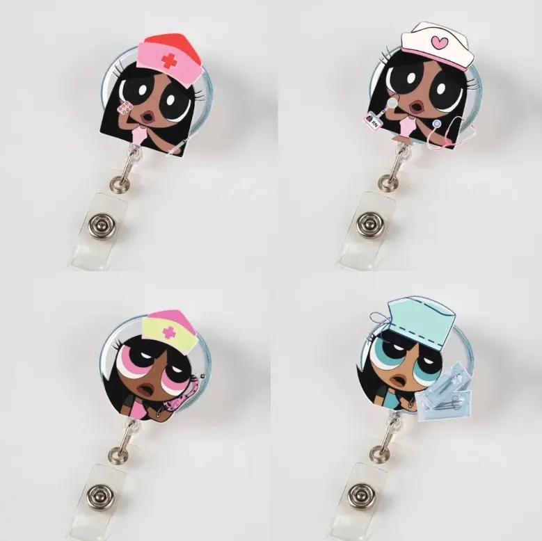 Nurse Powerpufff Girls Badge Reel, Cute Cartoon Retractable Acrylic ID Name Tag Holder, Perfect Gifts for ID Nurses, Doctors, Teachers & Office Professionals