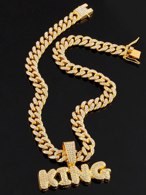 Hiphop Full Diamond King Letter Cuban Chain, Fully Encrusted Detail, Shiny, Unisex Street Style Jewelry, Cuban Link Chain