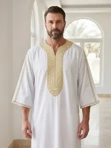 Moroccan Traditional Men's V-Neck Embroidered Robe, Classic Daily Wear, Eid Al Adha Festival Costume, Perfect Gift