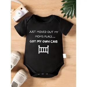 Unisex Cotton Bodysuit for Baby Girls Clothing, Newborn Boys Clothing - Soft, Breathable, Black, Short Sleeve, Round Neck, Ladder Print, "Just Moved Out of My Mom's Home" Slogan, Summer Daily & Outdoor Wear