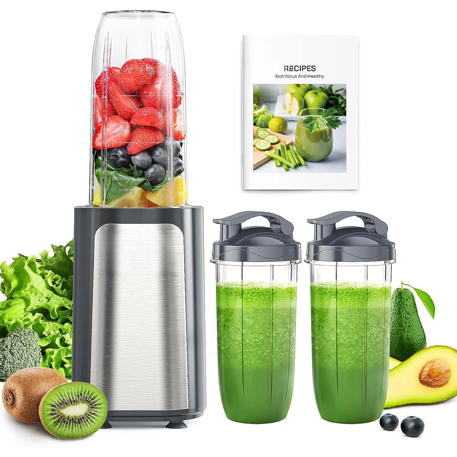 Smoothie Blenders, 14 count Personal Blender for Shakes and Smoothies for Kitchen with 3 Portable Blender Cups (1x24oz & 2X17oz), Single Serve Smoothies Maker for Juices, Nutritious Recipe Grey