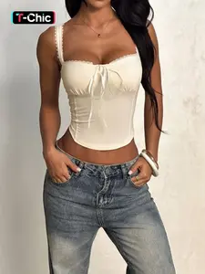 WOWDARK Women's Tie-Up Lace Trim Strappy Camisole Top