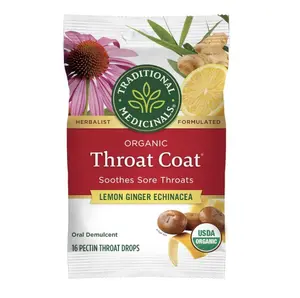 Traditional Medicinals Organic, Throat Coat Lozenges, Lemon Ginger Echinacea - Herbal Cough Drops, Helps Soothe Sore Throat - Non-GMO, Stimulant-Free - 16 Count