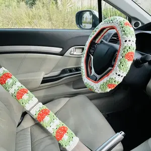Car Steering Wheel Cover & Seat Belt Cover, 1 Set Handmade Crochet Car Interior Decoration Set, Girly Car Interior Sets, Car Accessories for Women & Girls, Car Interior Accessory