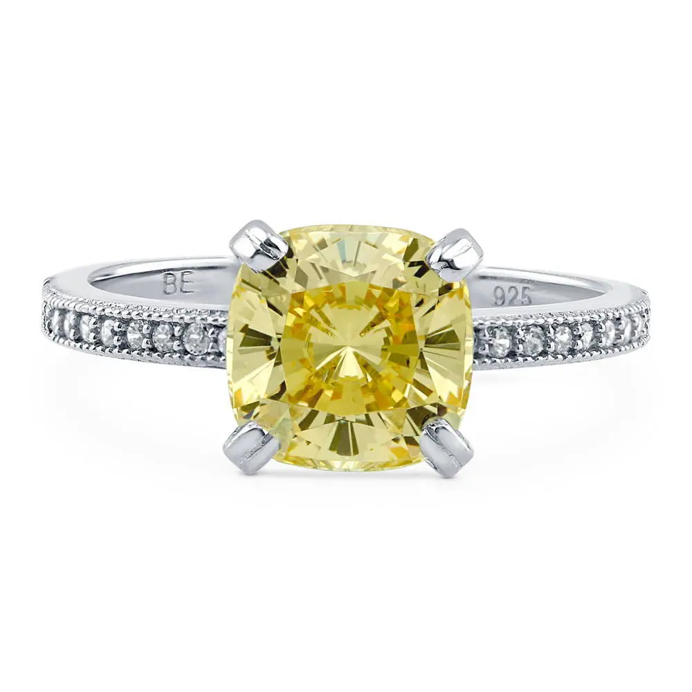 BERRICLE Sterling Silver Solitaire Engagement Rings for Women, 3 Carat Canary Yellow Cushion Cut Cubic Zirconia CZ Ring