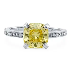 BERRICLE Sterling Silver Solitaire Engagement Rings for Women, 3 Carat Canary Yellow Cushion Cut Cubic Zirconia CZ Ring