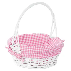 Vintiquewise Small Round Willow Gift Basket - 11.25x13 in., White with Pink Decorative Gingham Liner, Handle, Rustic Design, Stackable - Outdoor Leisure Accessory