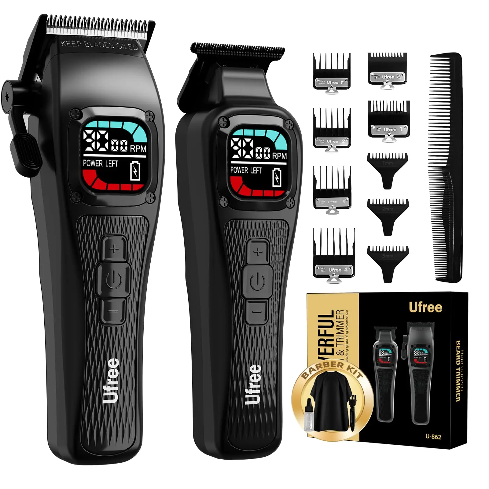 Ufree Professional Barber Clippers & Trimmer Set - Cordless Men's Hair Cutting Kit with Sharper DLC Blades, Barber Equipment for At-Home Haircut