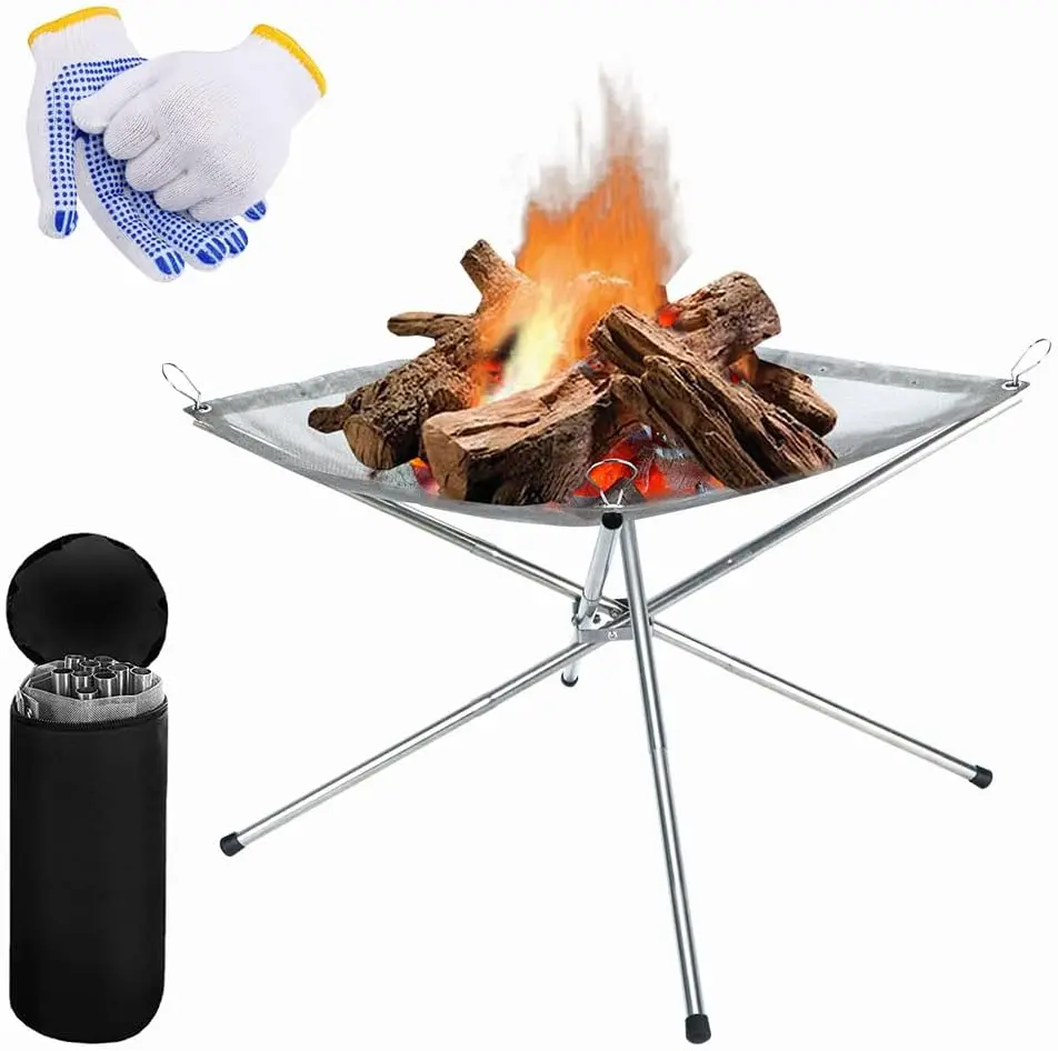 Portable Fire Pit Folding Camping Fire Pit - 42cm Stainless Steel Foldable Outdoor Fire Pit with Carrying Bag and Gloves, Collapsible Bonfire Firepit Set for Garden Picnic Barbecue-YY-0714