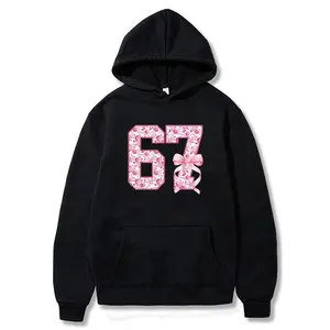 Cute Pink Bow "67" Floral Hoodie – Black Aesthetic Pullover with Sweet Number Graphic, Trendy Soft Girl Sweatshirt for Everyday Casual Style