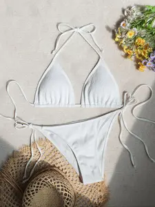 Women's Solid Color Tie Back Bikini Set, Casual Fashion Chic Swimsuit Set for Beach Holiday Vacation, Ladies Swimwear for All Seasons, Bikini Swim Top