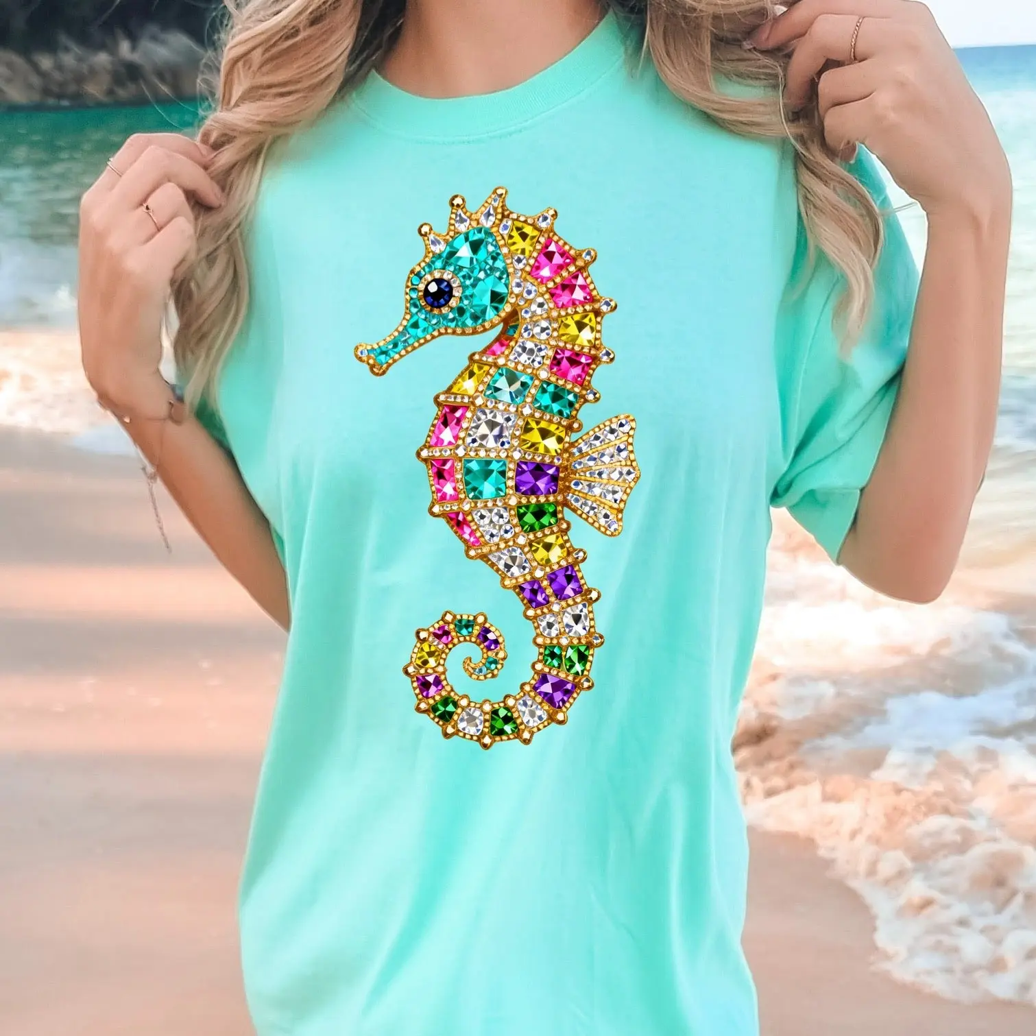 gemstone seahorse clear film screen print