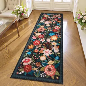 Fashion Vintage Floral Hallway Rug, Bohemian Style Long Living Room Carpet, Non-Slip Washable Home Decor Bedroom Bedside Mat, Boho Runner Rug, Floral Area Rug
