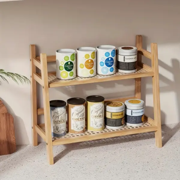 2-Tier Bamboo Freestanding Storage Shelf, Desktop Organizer, Desk Storage Rack, Kitchen Spice Rack, Doll Display Stand, Coffee Organizer, Cup Holder, Plant Pot Stand, Kitchen Storage Rack, Dorm Cosmetics Organizer. Bedroom, Dormitory And Office Desk.