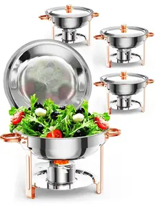 Gaomon 4-Pack Round Stainless Steel Rose Gold Chafing Dishes Buffet Set - Thick Legs, 5QT Size, Lids, Lid Holder, Tray, Spoon & Tweezers, Food Warmers for Parties, Weddings