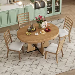 5-Piece Dining Table Set for 4, Round Extendable Table with a 16-inch Leaf and 4 Upholstered Chairs, Retro Dining Room Set for Kitchen, Dining Room (Natural)