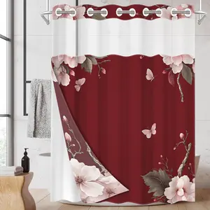 1pc hookless shower curtain with buckle lining, spring pink and white floral butterfly design on red background, 2D flat printing, fabric waterproof lining, see-through double-layer shower curtain, 71 x 74 inches, modern home draping curtain.