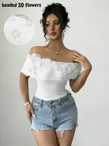 Women's One-Shoulder Knit Top Blouse with Embroidered Beaded Floral Flower Decor, Fitted, Casual Fall Fashion, Perfect for Dates and Parties Womenswear Garment